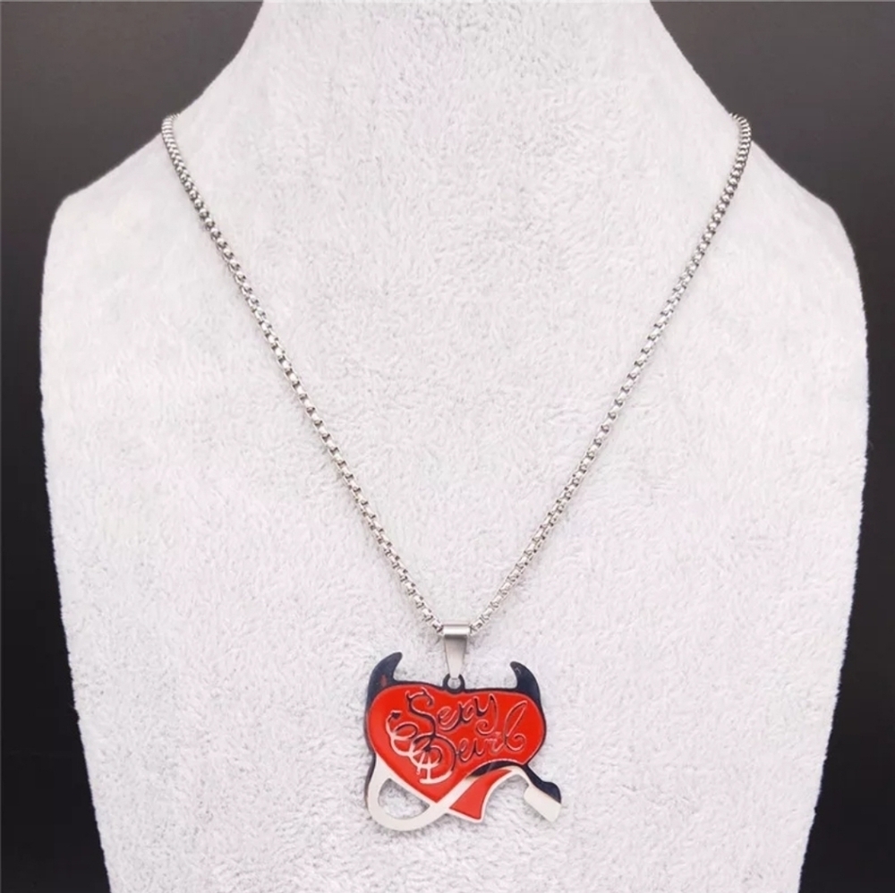 Sexy Devil ✦ Red Heart Pendant ✦ Stainless Steel Necklace w/ Horns & Tail Unisex